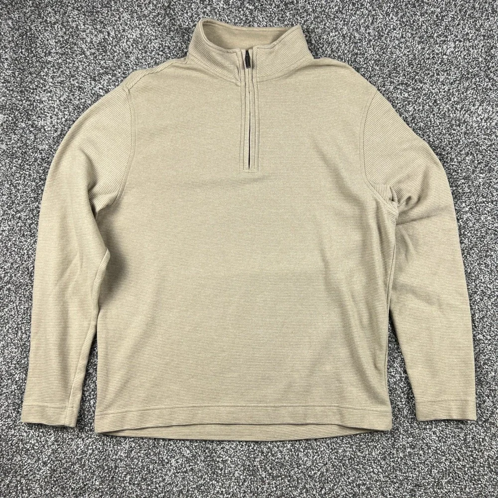 Van Heusen‎ Flex Mens Quarter Zip Pullover Sweater Tan Stripe Size M Vintage Rib
